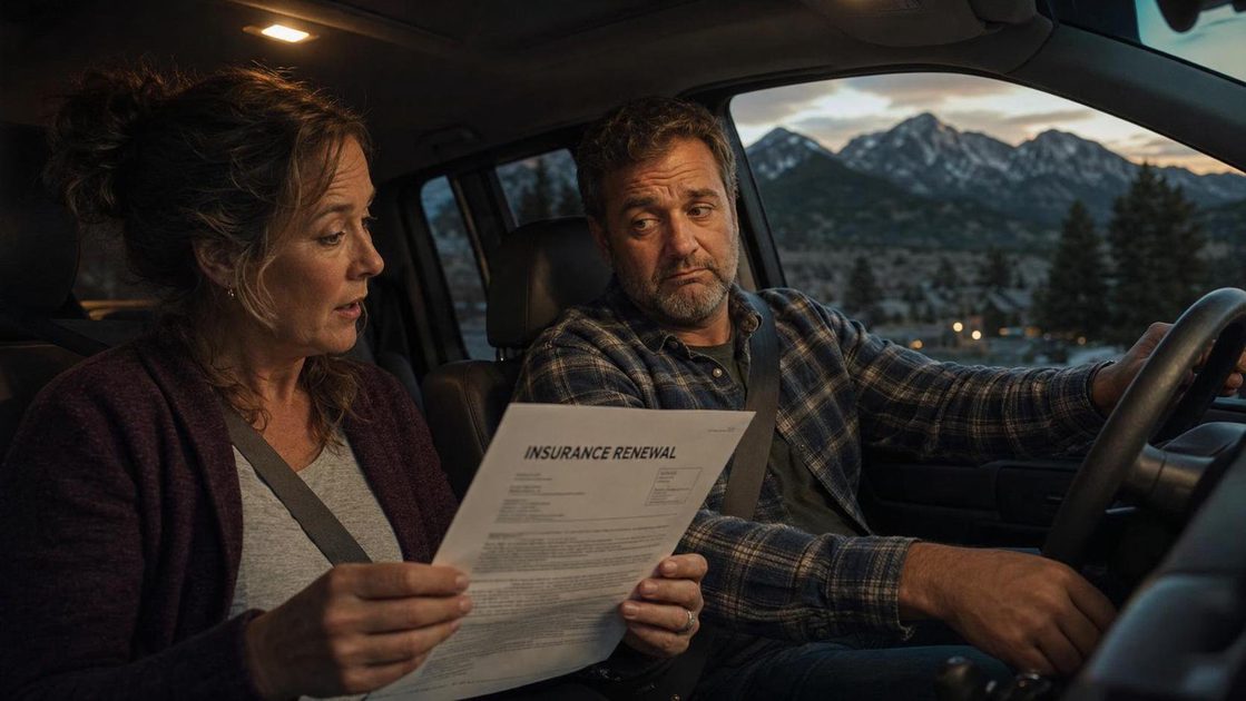 Wife showing auto insurance renewal bill to husband while driving home from Estes Park, shocked expression