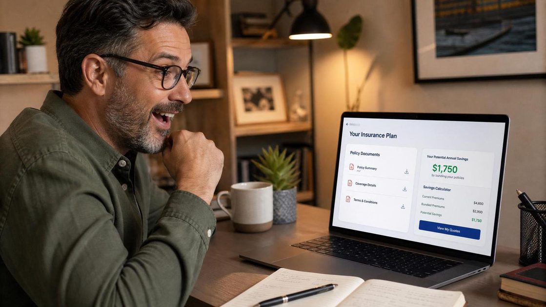 Man discovering car insurance savings on laptop at home