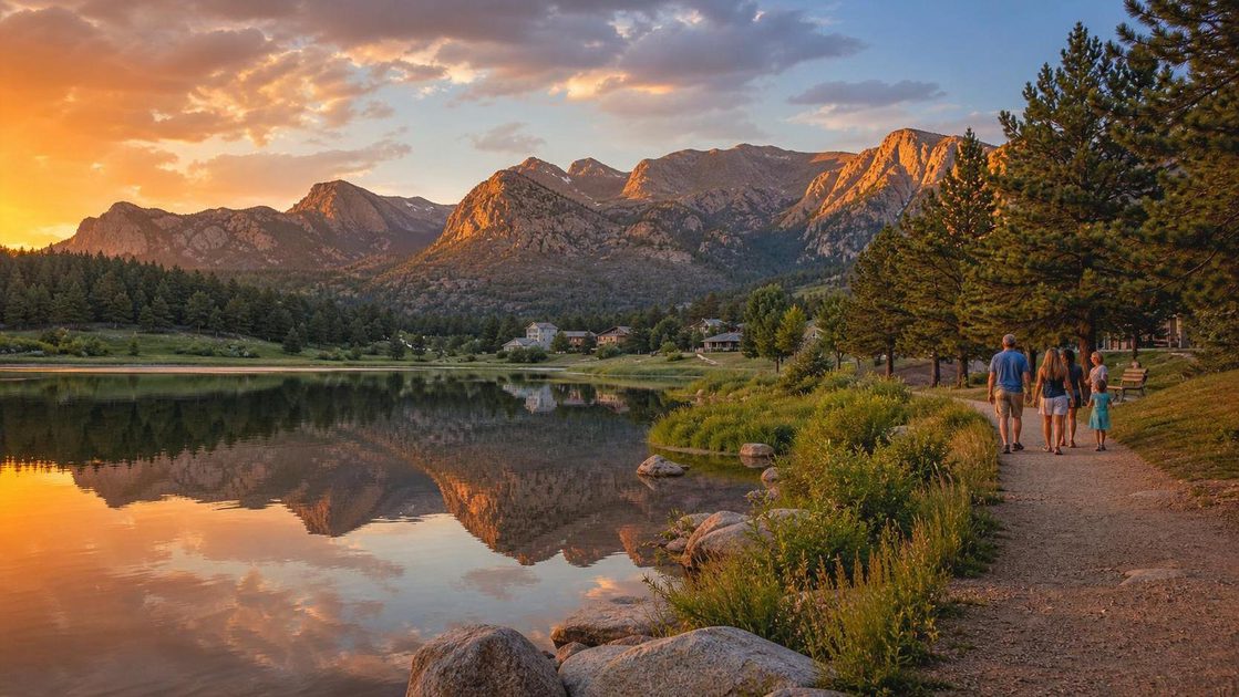 Peaceful golden hour at Lake Estes, Rocky Mountain National Park