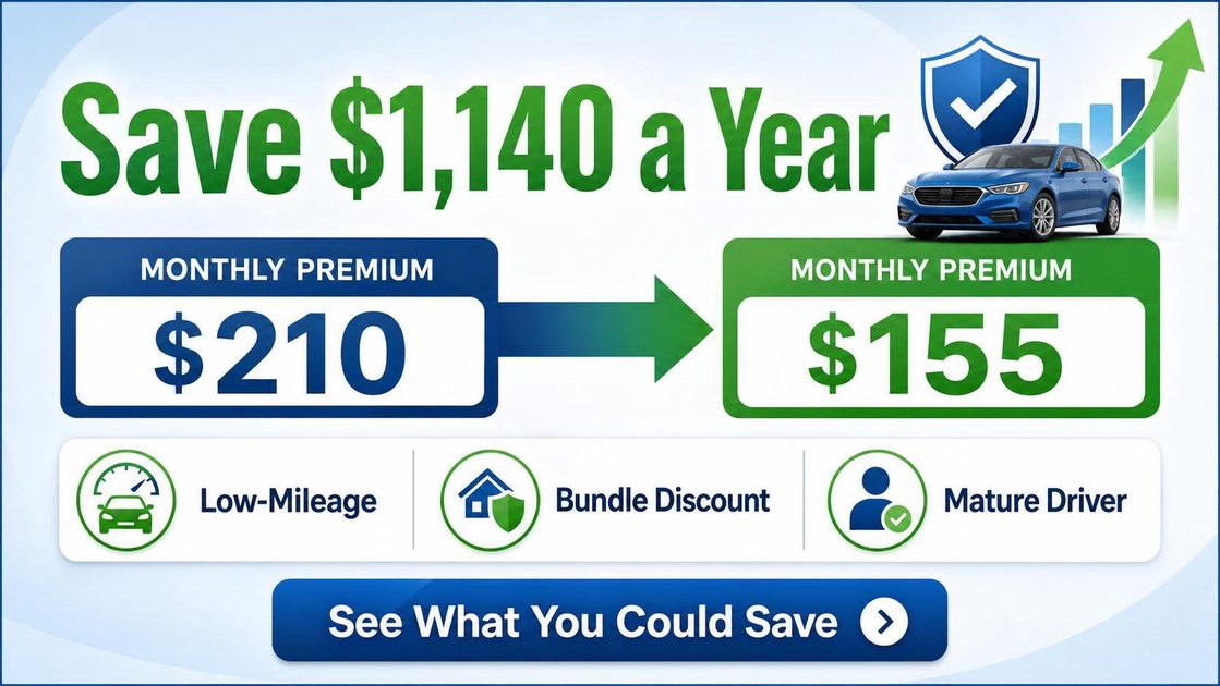 Car insurance savings breakdown showing $1,140 annual savings with Low-Mileage, Bundle and Mature Driver discounts