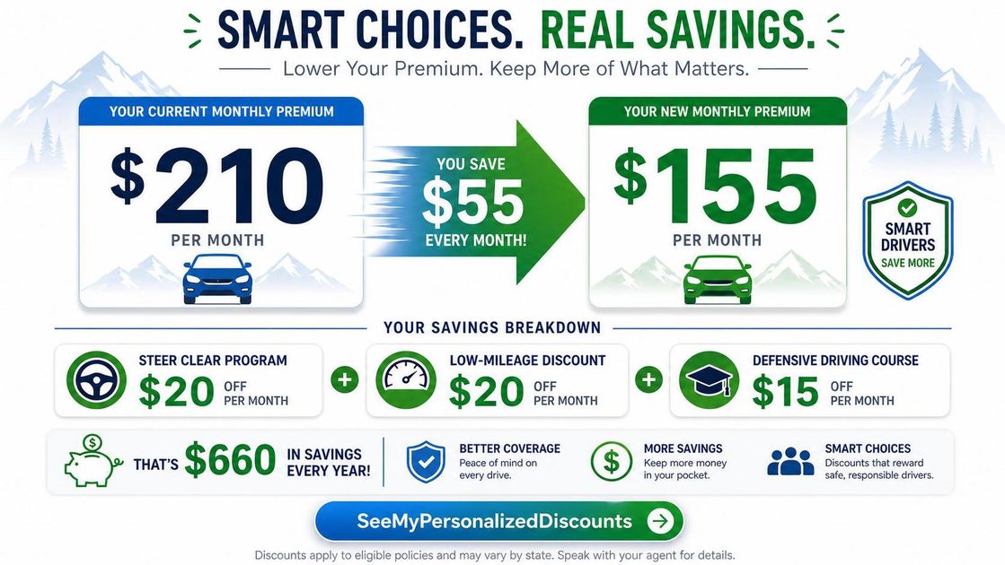 The detailed breakdown of insurance premium savings, showing a reduction from $210 per month to $155. The detailed breakdown of insurance premium savings, showing a reduction from $210 per month to $155.