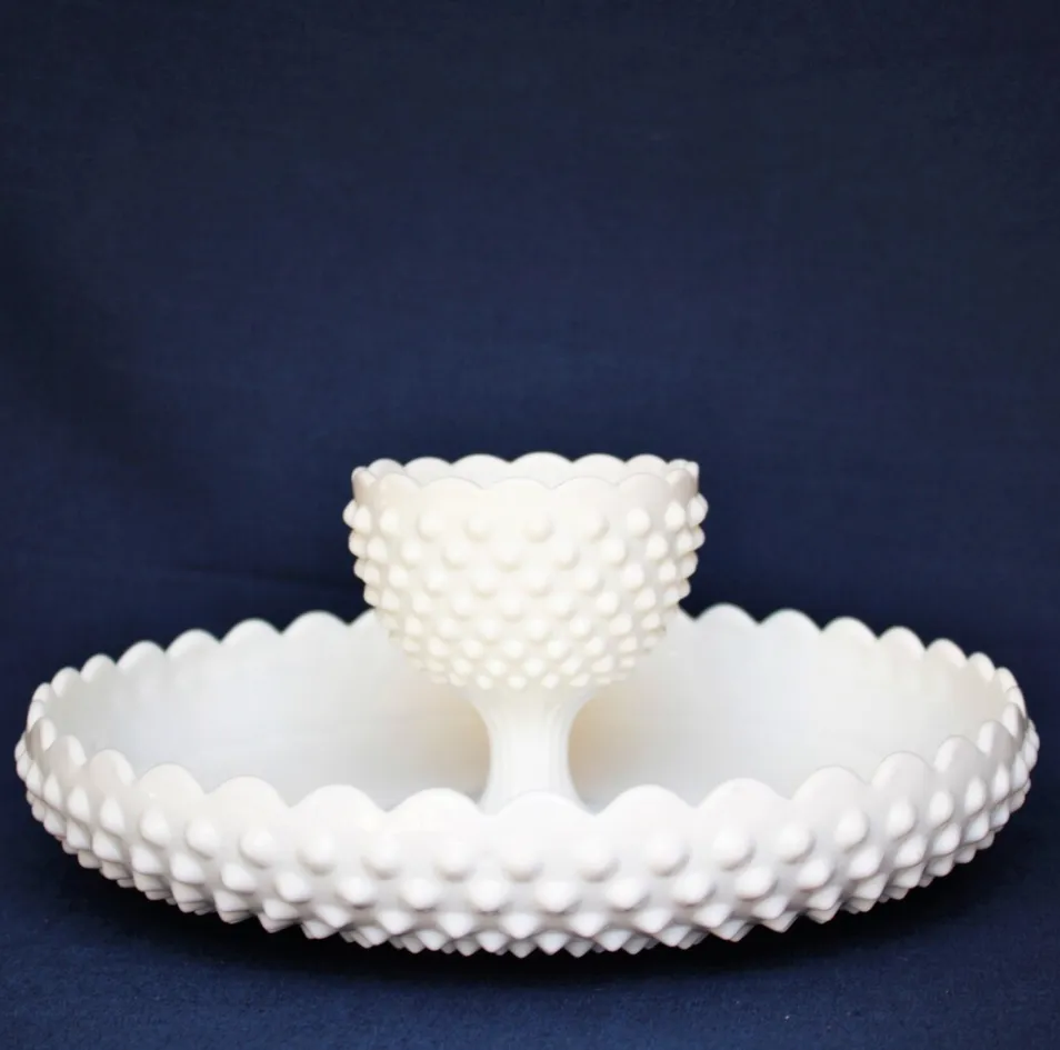 Vintage Fenton hobnail milk glass chip and dip bowl.